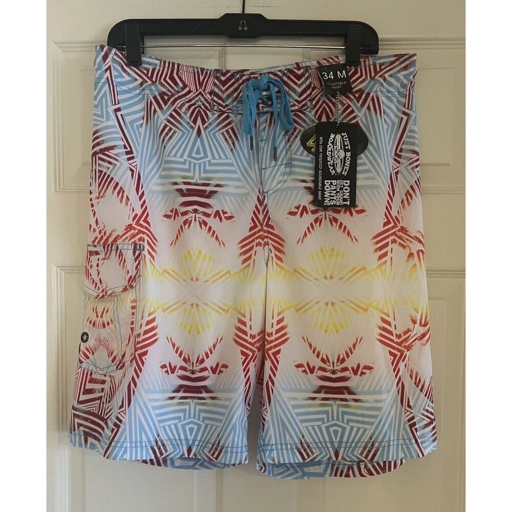 Just Bones Boardwear Mens Board Shorts 34 M Multicolor Palm Surf adjustable  NWT